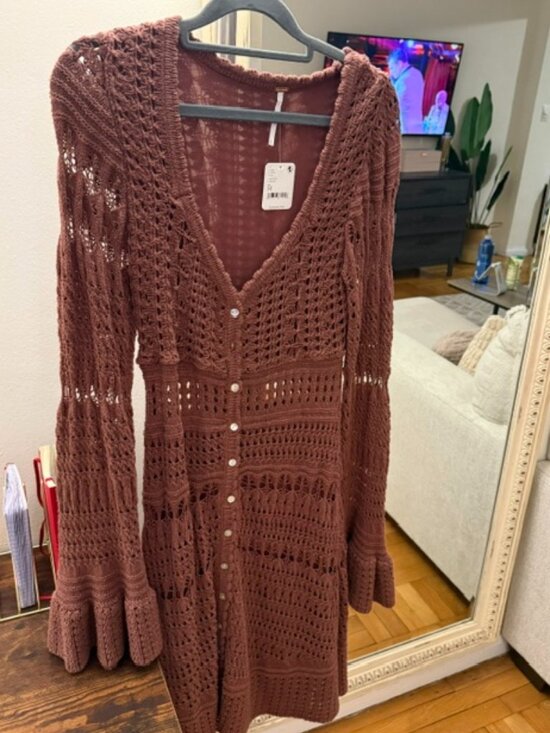 Free People Dresses & Skirts - Free People Crochet Knit Bell Sleeve Mini Dress Size M Boho Mauve Brown